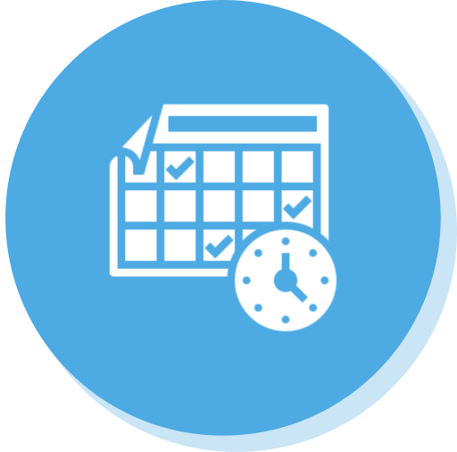 Calendar and clock icon on blue background.