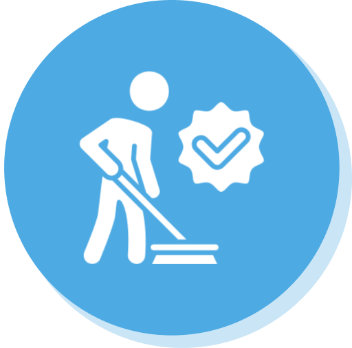 Person mopping with checkmark badge icon.