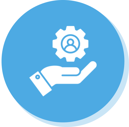 Hand holding gear with user icon.