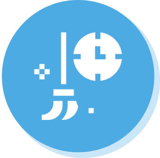 Blue circle with abstract white symbols.